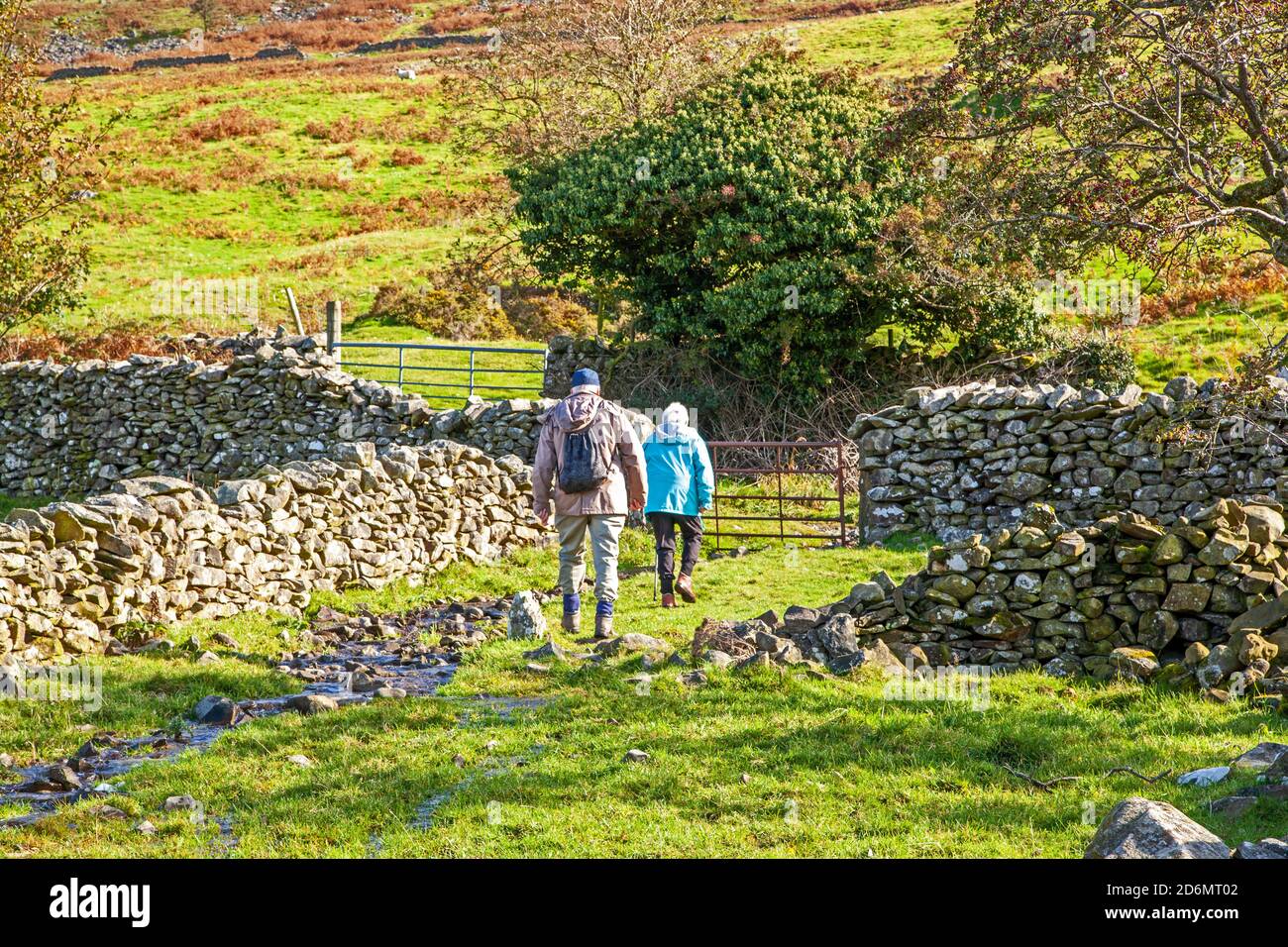 Anziano uomo e donna coppia pensionati anziani che camminano rampicante Backpacking nel nord Yorkshire Dales nelle colline sopra Kirkby Lonsdale Foto Stock