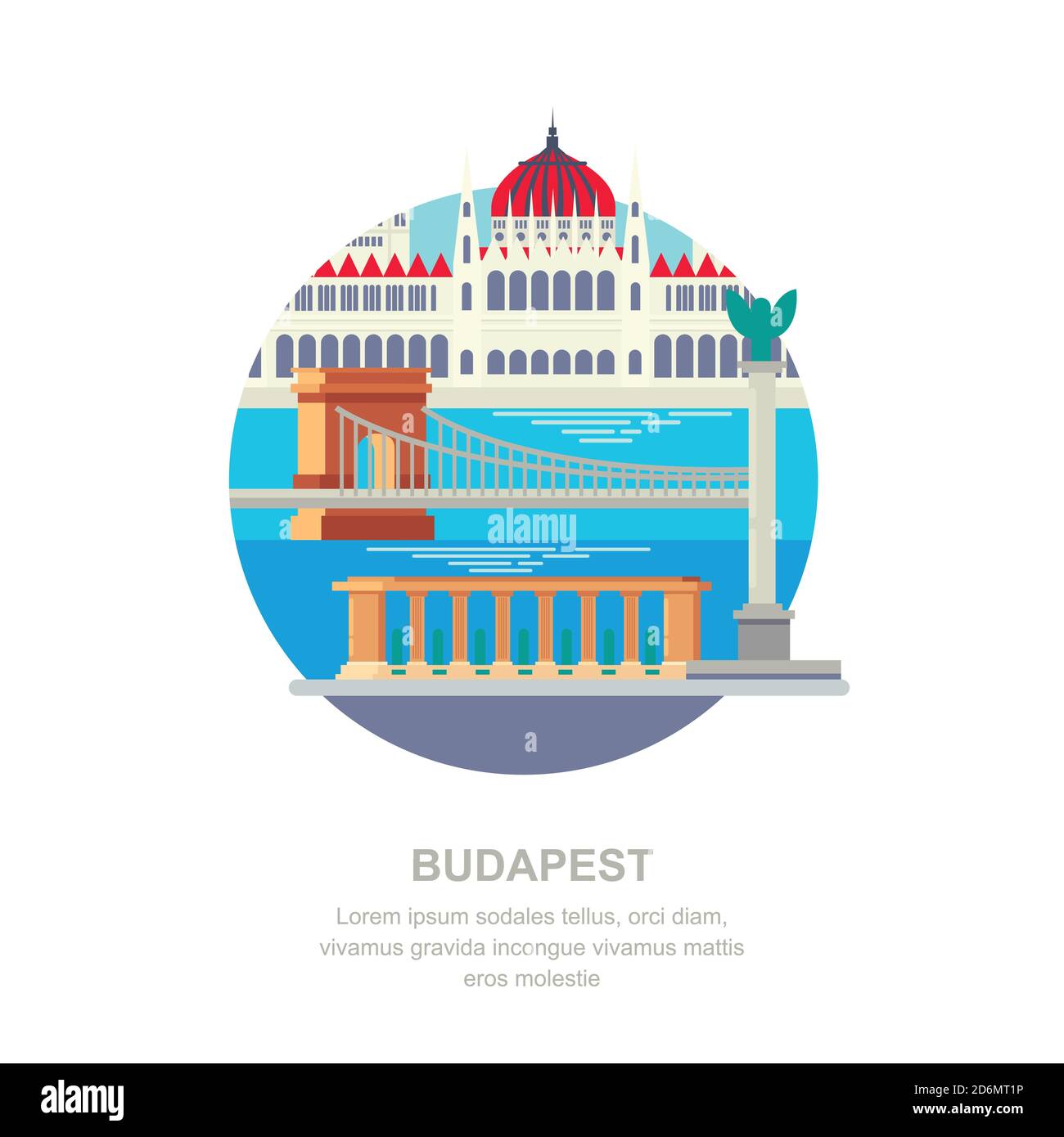 Viaggio in Ungheria vettore flat illustrazione. Simboli della città di Budapest e monumenti turistici. Icone di edifici urbani ed elementi di design. Illustrazione Vettoriale