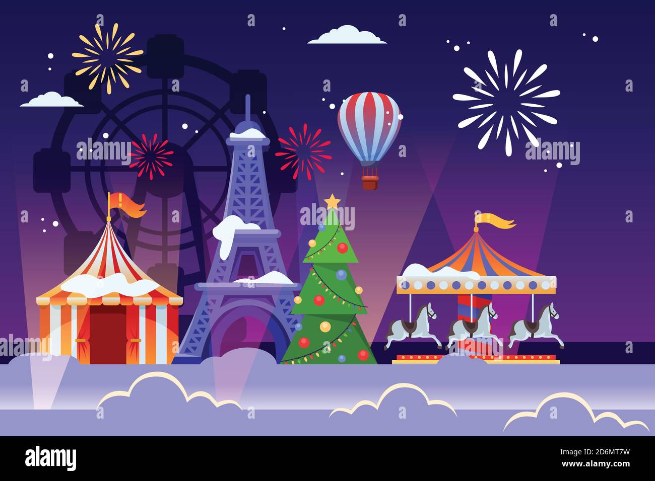 Natale e Capodanno a Parigi. Immagine vettoriale piatta del paesaggio urbano con la torre Eiffel, albero di Natale e giostra del parco divertimenti. Inverno Illustrazione Vettoriale