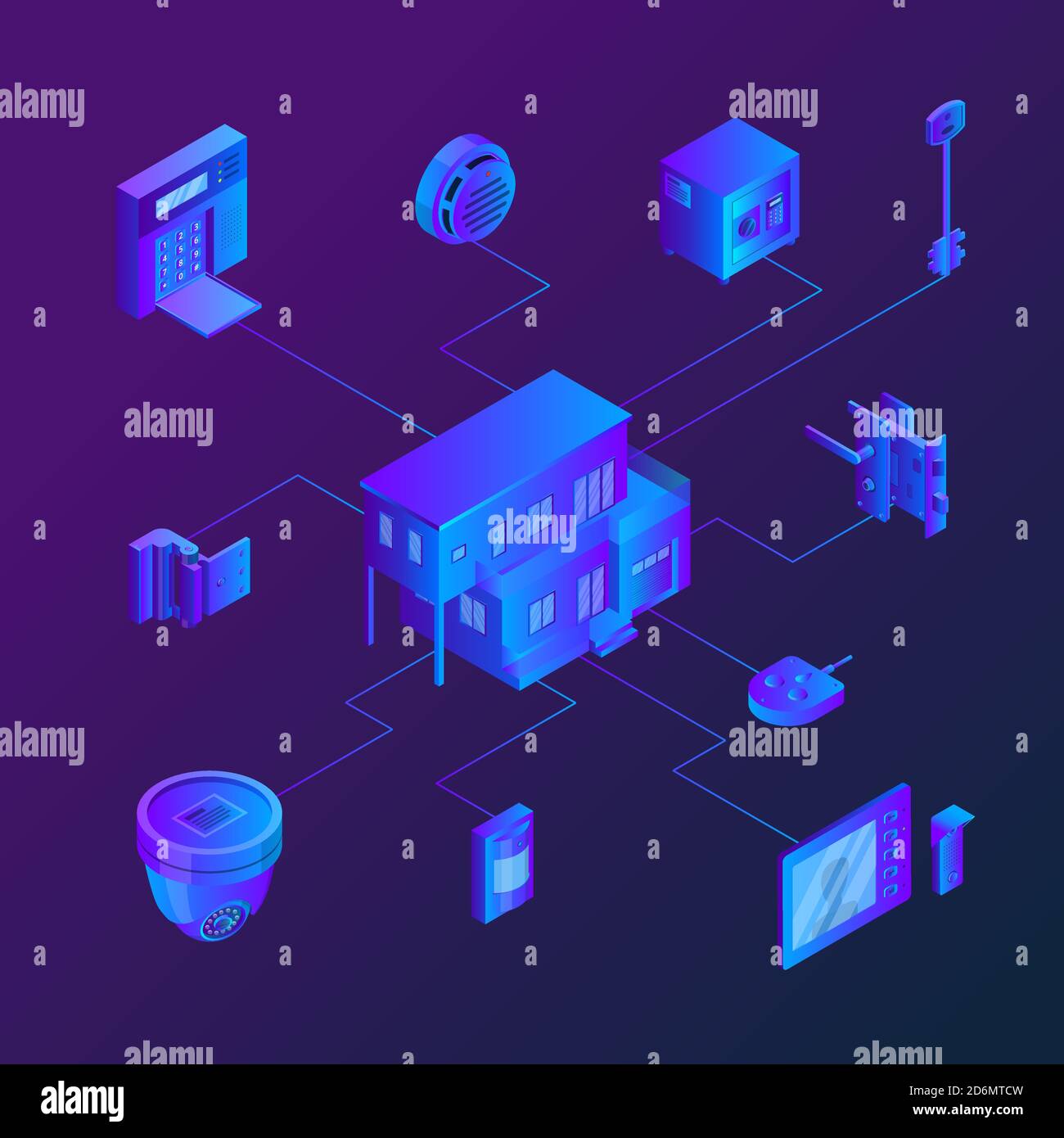 Casa con sistemi di sicurezza per la casa connessi. Illustrazione dei gradienti neon isometrici vettoriali. Tecnologie intelligenti, sicurezza, controllo e protezione Illustrazione Vettoriale