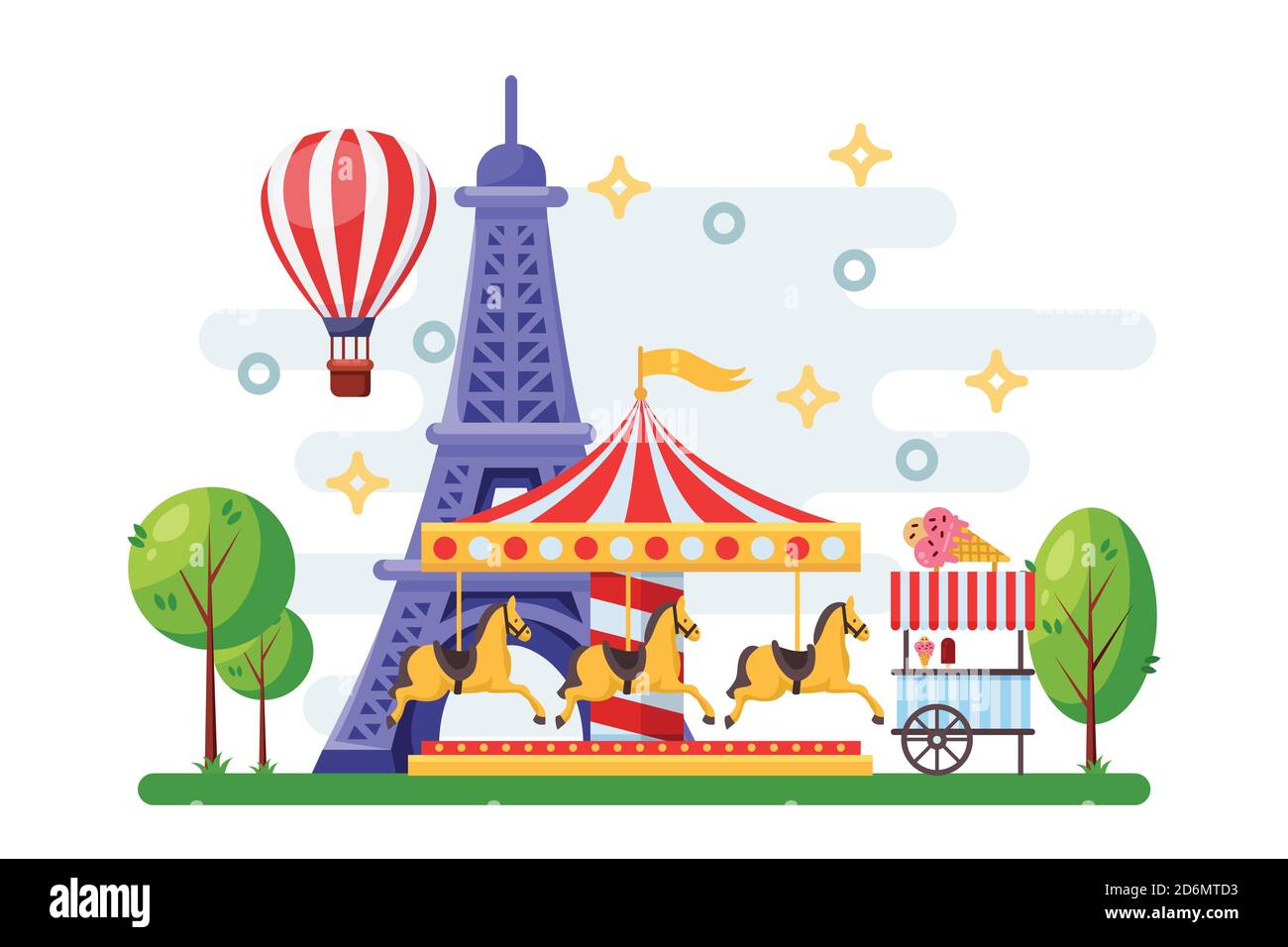 Il paesaggio urbano di Parigi con la Torre Eiffel, il giostra del parco dei divertimenti e il tram per il cibo di strada. Immagine piatta vettoriale. Carnevale e festival di vacanze design el Illustrazione Vettoriale