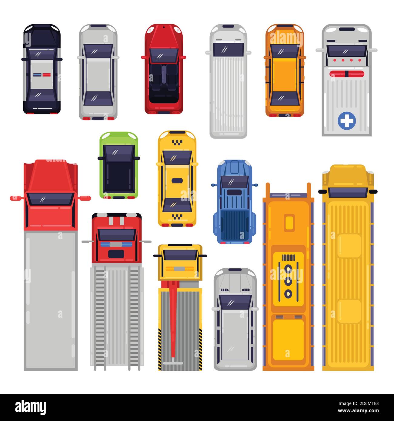 Set di icone per il trasporto urbano. Illustrazione vista dall'alto. Veicolo piatto Vector isolato su sfondo bianco. Illustrazione Vettoriale