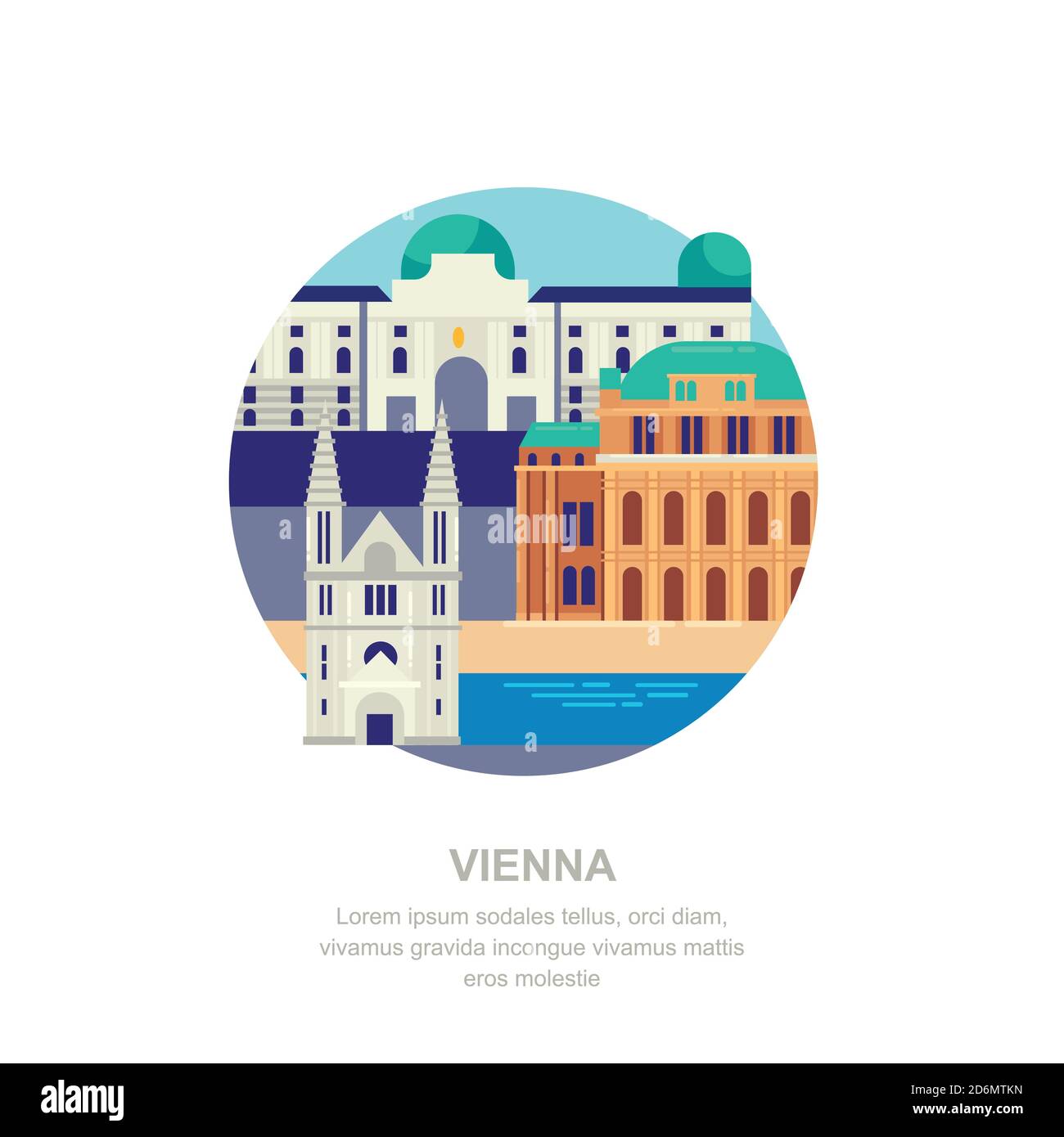 Viaggio in Austria vettore flat illustrazione. Simboli della città di Vienna e monumenti turistici. Icone di edifici urbani ed elementi di design. Illustrazione Vettoriale