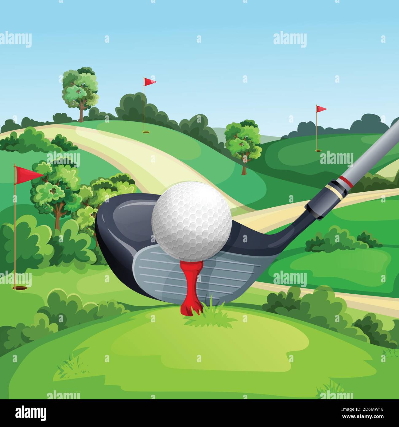 Golf club e palla sul campo da golf verde, illustrazione vettoriale. Sfondo cartoon paesaggio estivo. Illustrazione Vettoriale