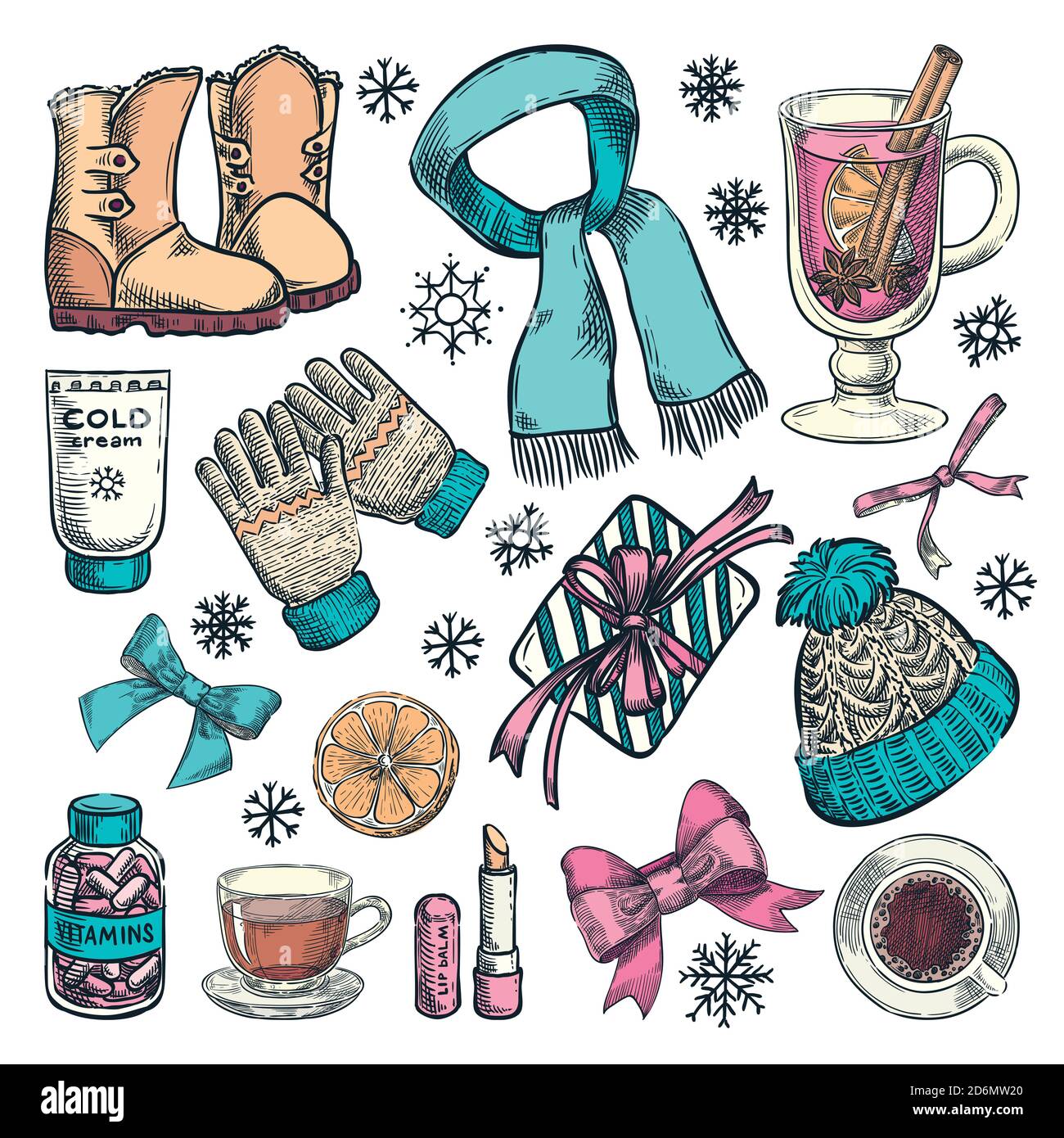 Informazioni essenziali per l'inverno e l'autunno, illustrazione dello schizzo a colori vettoriali. Abbigliamento di moda disegnato a mano, accessori autunnali, icone di bevande calde ed elementi di design. Illustrazione Vettoriale