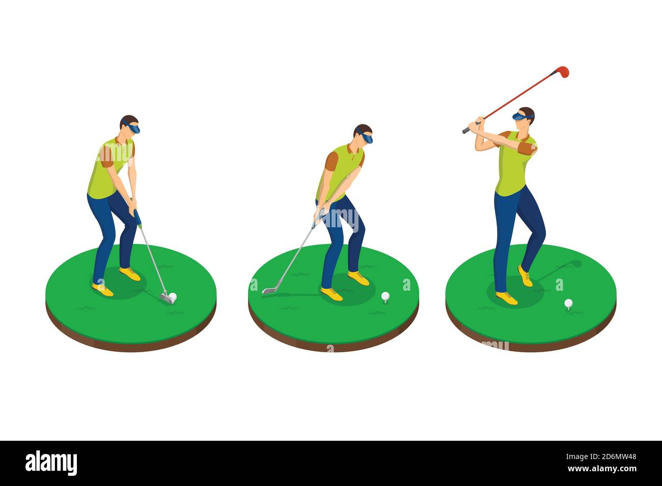 Uomo che gioca a golf, vettore 3d illustrazione isometrica. Tavole oscillanti da golf, elementi di design isolati. Concetto di attività ricreative all'aperto. Illustrazione Vettoriale