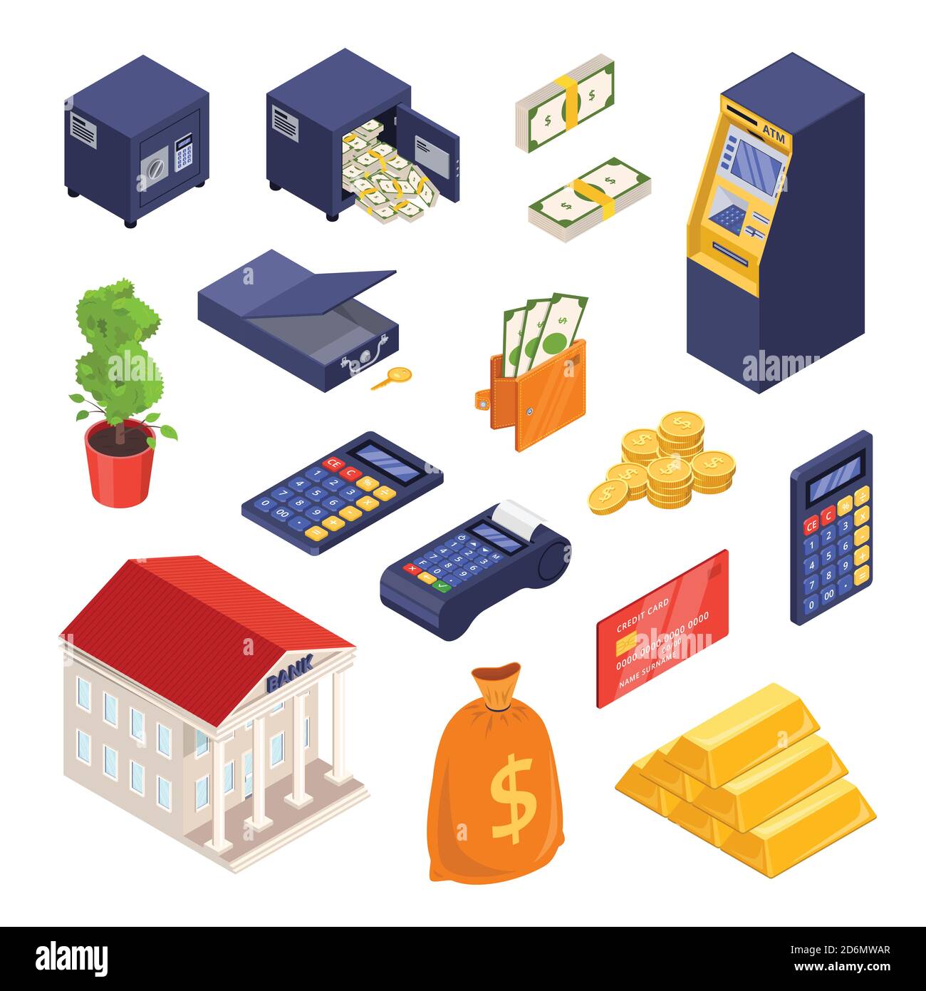 Icone isometriche bancarie e di pagamento. Illustrazione dei vettori di denaro, finanza, banche, investimenti e commercio. Illustrazione Vettoriale