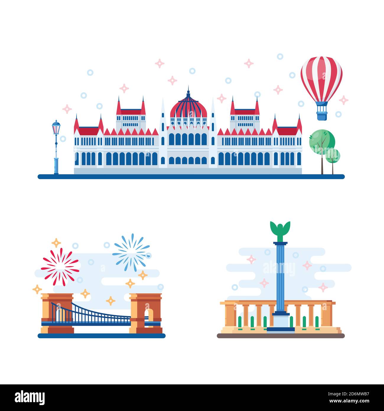 Budapest monumenti turistici illustrazione vettoriale piatto. Viaggio in Ungheria elementi di design. Icone del Parlamento, della Piazza degli Eroi e del Ponte delle catene. Illustrazione Vettoriale