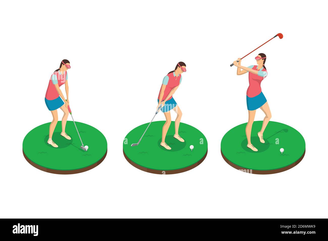 Donna che gioca a golf, vettore 3d illustrazione isometrica. Tavole oscillanti da golf, elementi di design isolati. Concetto di attività ricreative all'aperto. Illustrazione Vettoriale