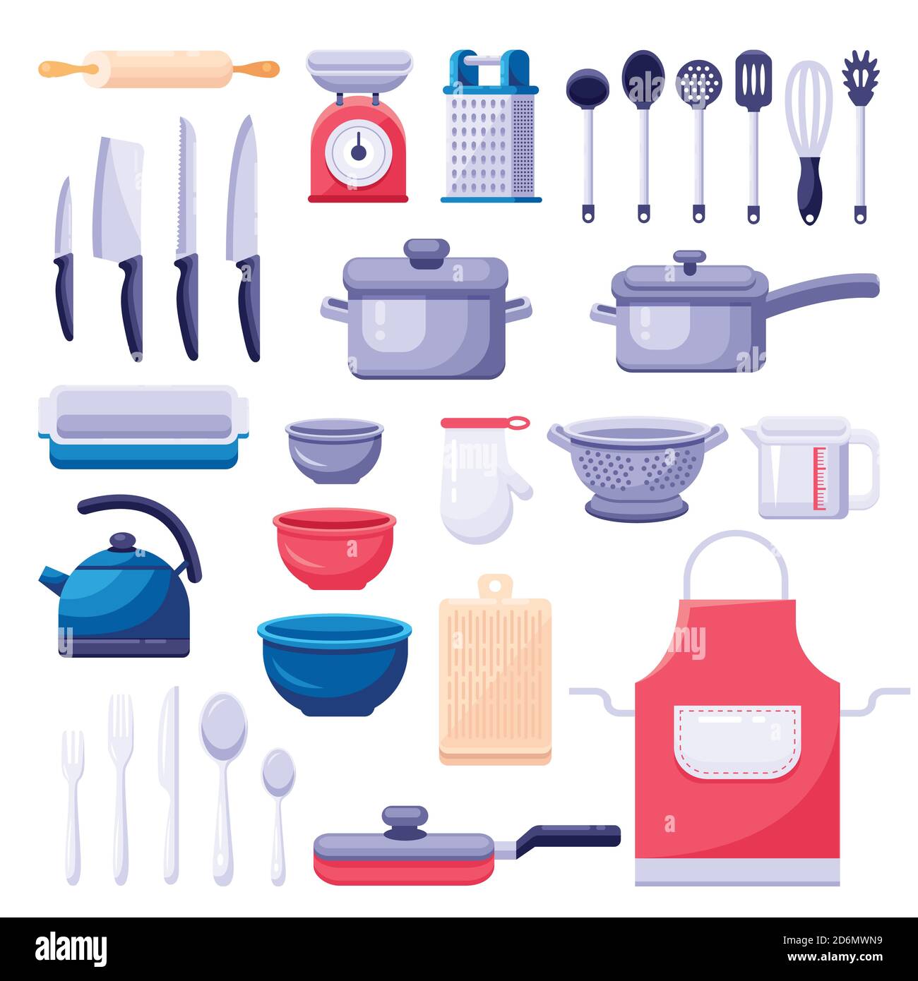 Set di icone utensili da cucina ed elementi di design. Cucina e utensili da cucina attrezzi moderni. Immagine piatta colorata vettoriale. Illustrazione Vettoriale