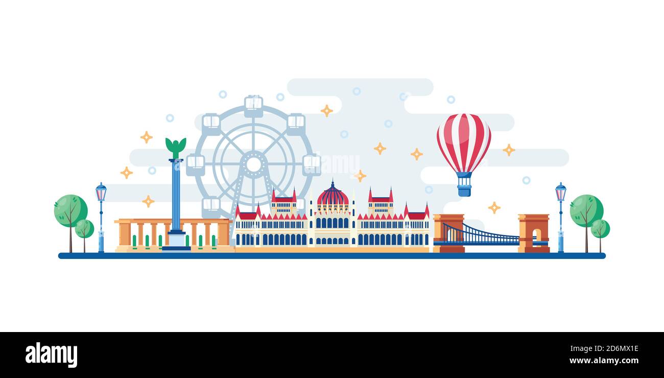 Il paesaggio urbano di Budapest con i famosi punti di riferimento turistici. Immagine piatta vettoriale. Viaggio per l'Ungheria progettazione orizzontale banner. Parlamento, Piazza degli Eroi An Illustrazione Vettoriale