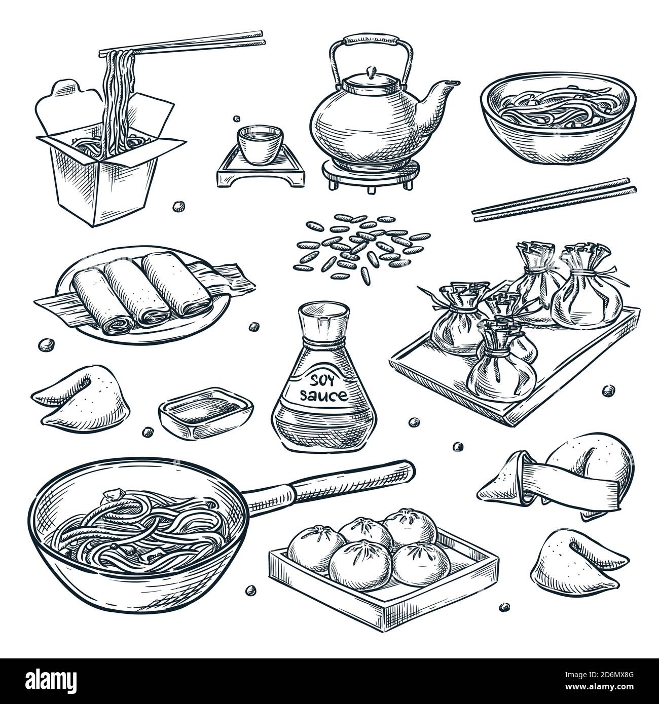 Cibo cinese, illustrazione dello schizzo vettoriale. Set di isolati piatti cinesi e asiatici disegnati a mano. Elementi di design del menu del ristorante o del caffè. Illustrazione Vettoriale
