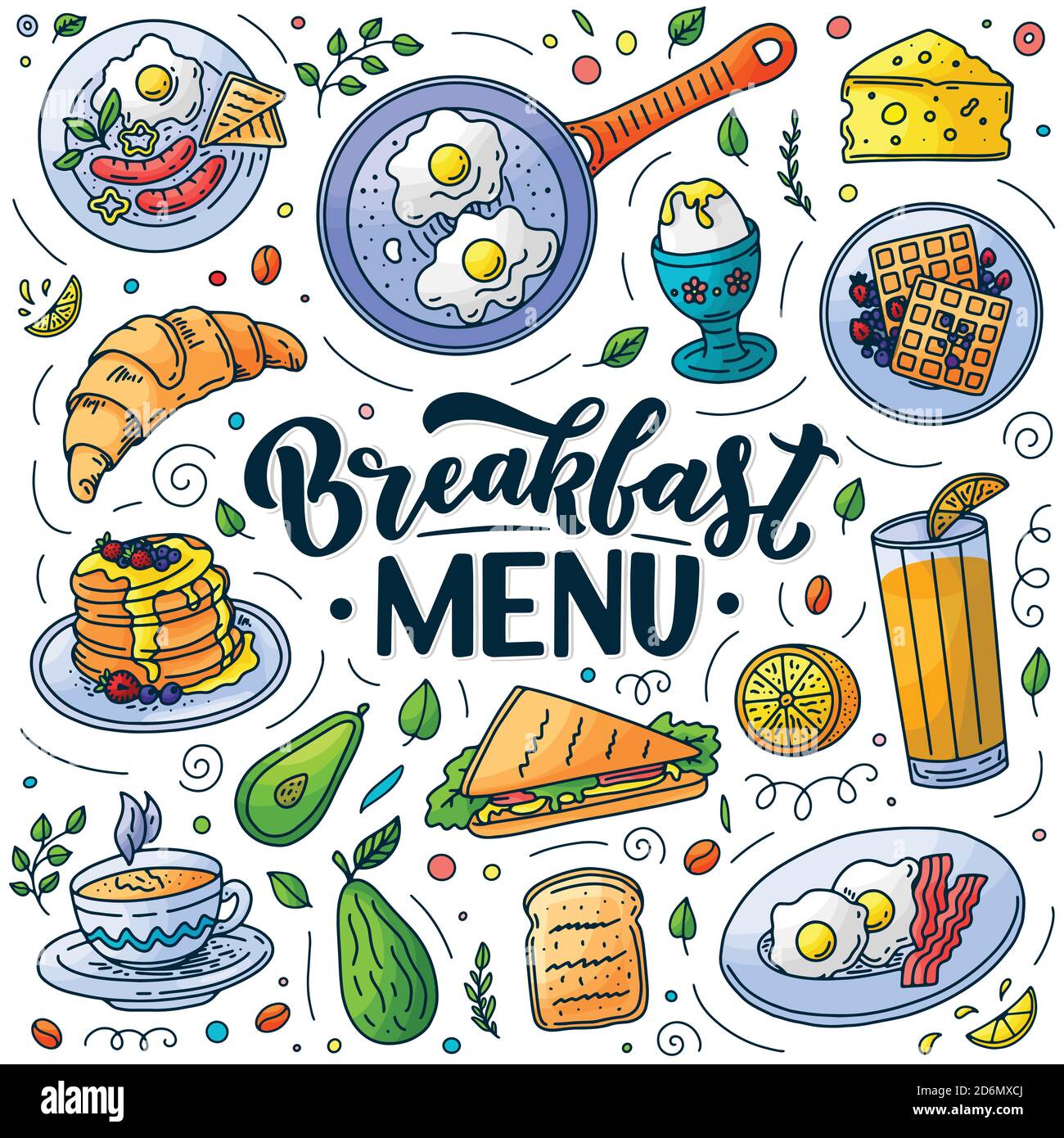 Elementi di design del menu della colazione. Illustrazione dello stile del doodle vettoriale. Scritta stilografica disegnata a mano e pasto tradizionale per la colazione. Uova, avocado, pancetta Illustrazione Vettoriale