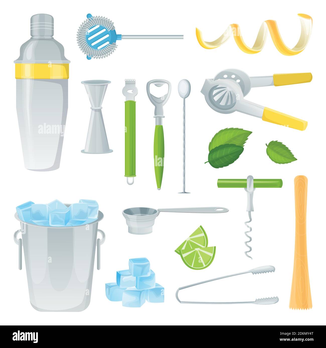 Strumenti da cocktail bar. Illustrazione di cartoni animati vettoriali. Set di icone di strumenti e attrezzature per barman, isolate su sfondo bianco. Illustrazione Vettoriale