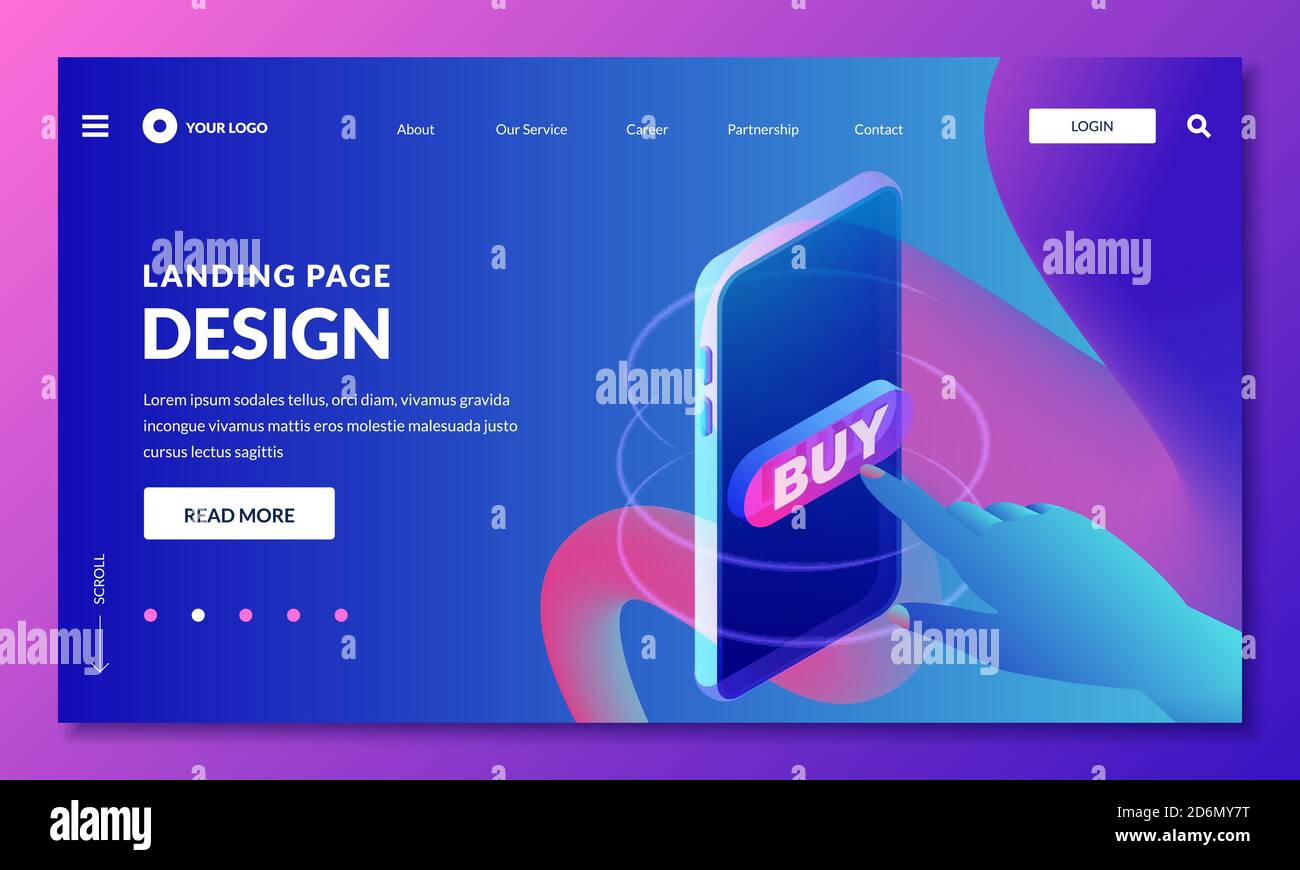 Pagina di destinazione, layout di progettazione banner Web. Il dito umano preme il pulsante di acquisto, immagine vettoriale isometrica 3d. Marketing, shopping su internet, e-commerce conc Illustrazione Vettoriale