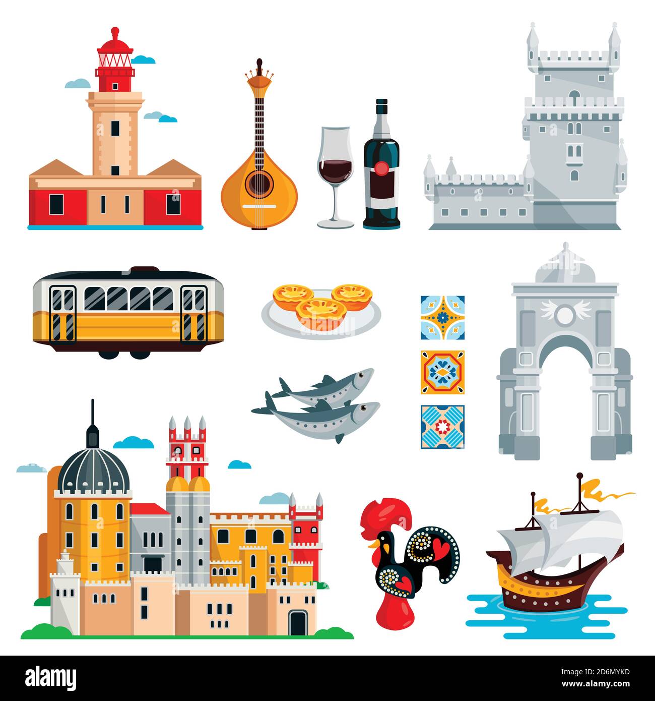Viaggia verso il Portogallo icone e set di elementi di design isolati. Simboli della cultura portoghese e Lisbona vettoriale, cibo e luoghi di interesse. Illustrazione Vettoriale