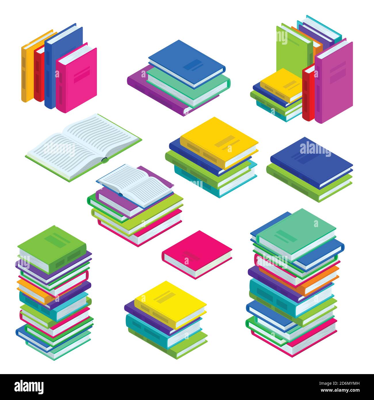 Apri e chiuda libro e libri impilati. Set di icone isometriche vettoriali multicolore. Simboli della biblioteca, dello studio e della formazione. Illustrazione Vettoriale