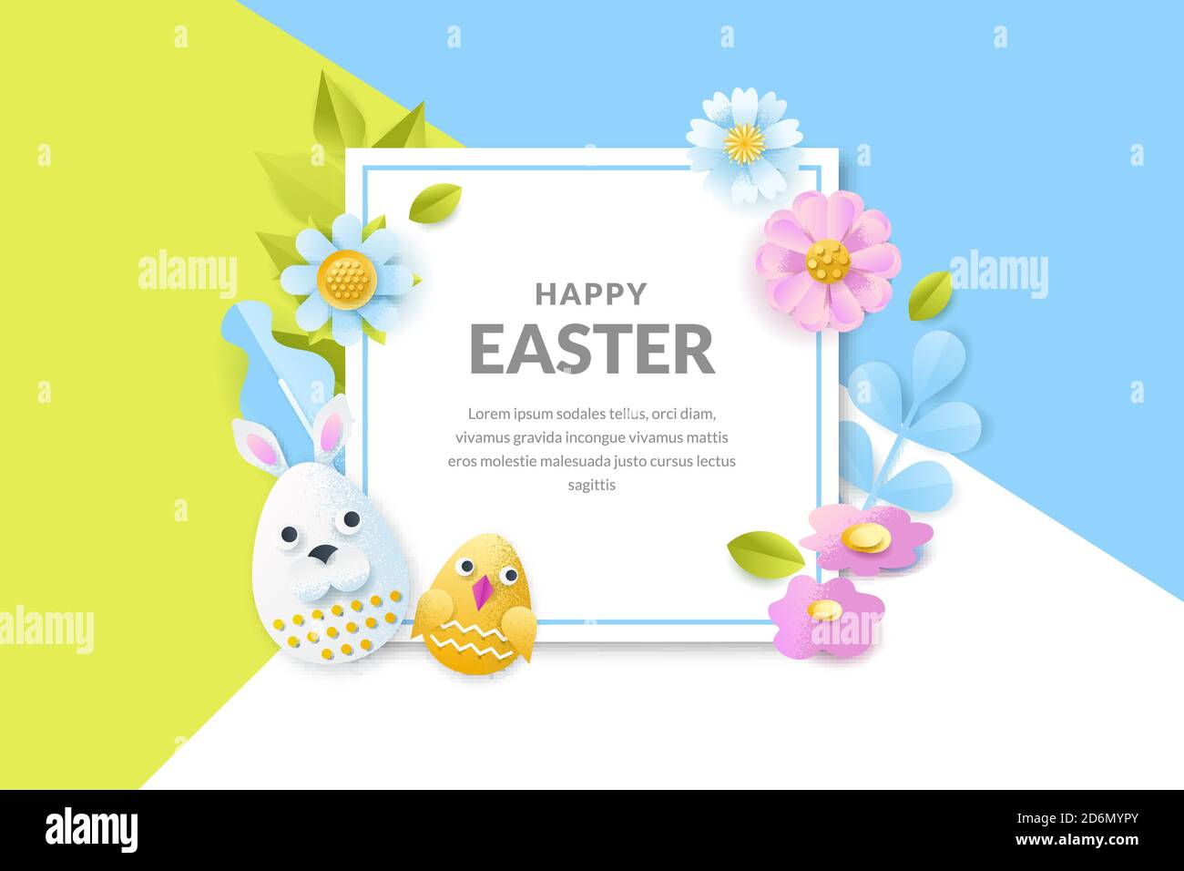 Modello di poster o banner vettoriale di buona Pasqua. Sfondo cornice vacanza con carta 3d tagliato caratteri divertenti volti uova, fiori e foglie. Creativo ha Illustrazione Vettoriale