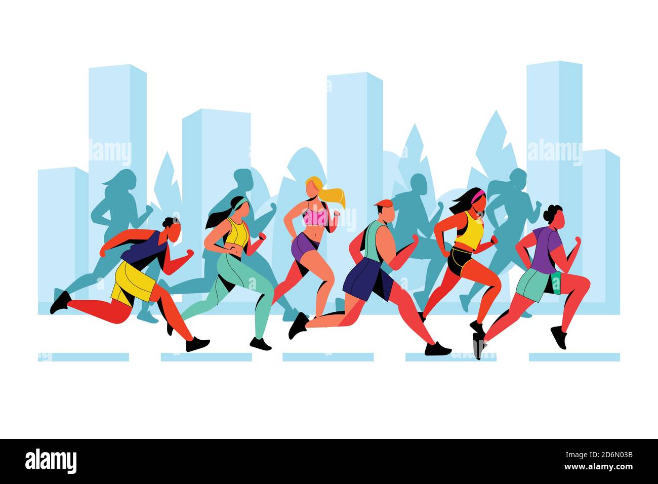 Città maratona vettore piatto illustrazione. Esecuzione di persone colorate sullo sfondo della silhouette della città. Sport all'aperto e stile di vita sano. Illustrazione Vettoriale