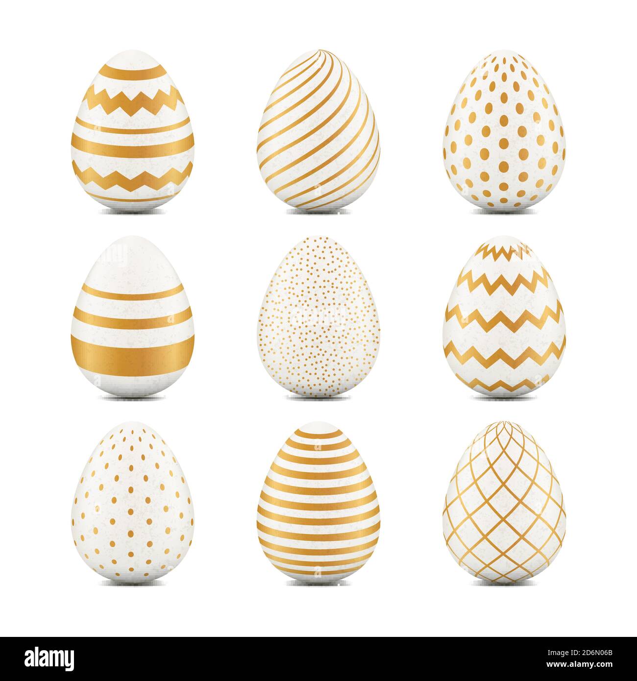Pasqua 3d uova realistiche con texture geometriche. Elementi vettoriali per il design delle vacanze. Motivo bianco dorato. Illustrazione Vettoriale