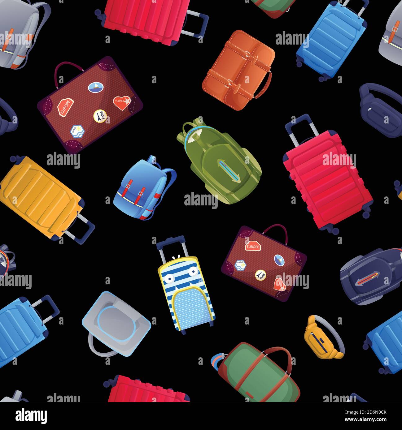 Modello senza cuciture con valigia e borse. Design di sfondo per i bagagli da viaggio estivi. Illustrazione di cartoni animati vettoriali. Illustrazione Vettoriale