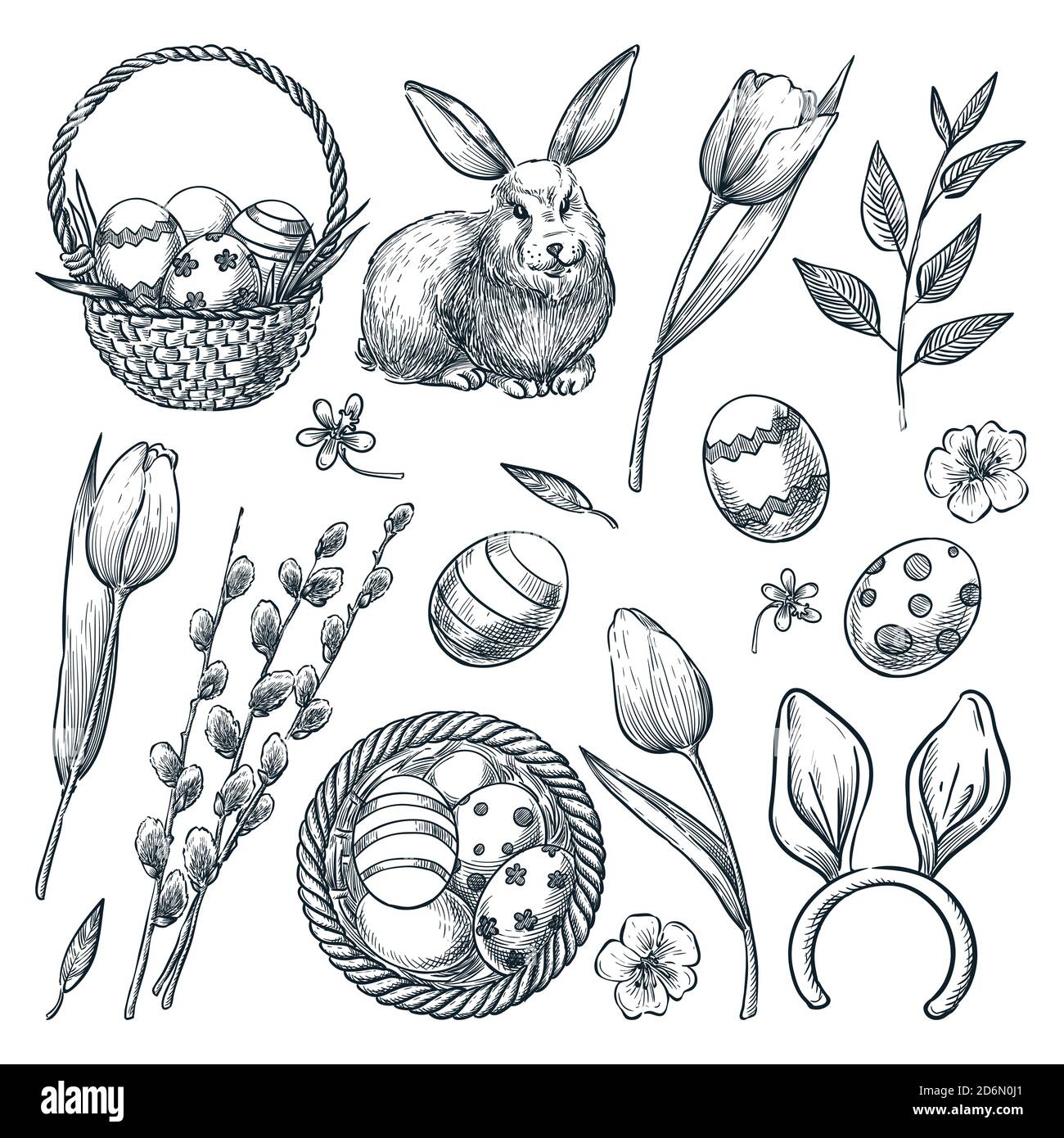 Uova di Pasqua, cesto, coniglio, salice e tulipani fiori. Illustrazione dello schizzo vettoriale. Set di elementi di design per le feste primaverili. Illustrazione Vettoriale