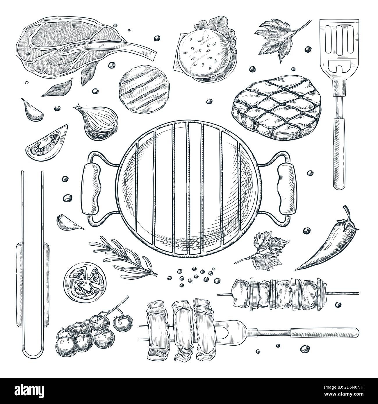 Illustrazione dello schizzo vettoriale del barbecue e della griglia. Set di oggetti vista dall'alto, isolati su sfondo bianco. Barbecue cibo, attrezzature e attrezzi. Menu pic-nic design e Illustrazione Vettoriale
