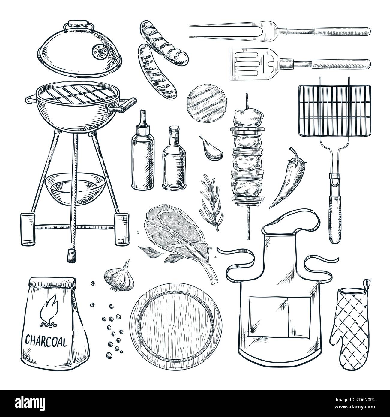 Illustrazione dello schizzo vettoriale del barbecue e della griglia. Barbecue, isolato su sfondo bianco. Cibo, attrezzature e utensili per utensili. Elementi di progettazione del menu picnic. Illustrazione Vettoriale