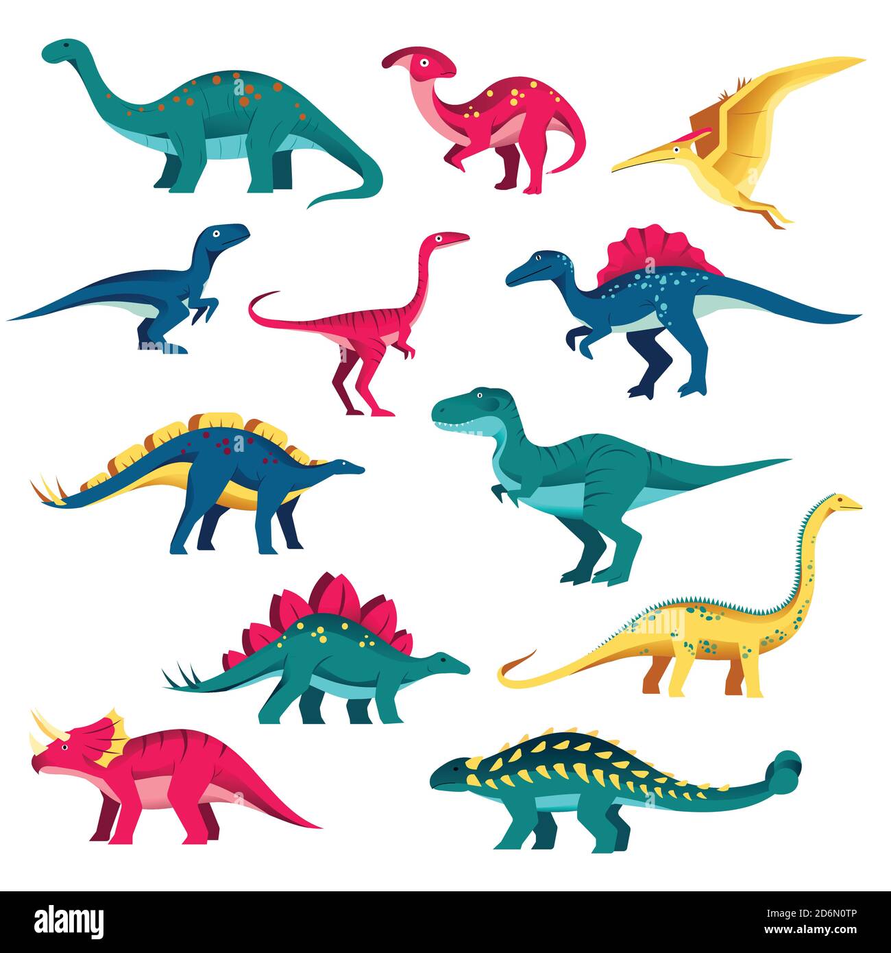 Set di personaggi dei dinosauri dei cartoni animati. Immagine piatta colorata vettoriale. Cute collezione dino, elementi di design per bambini isolati su sfondo bianco. Illustrazione Vettoriale