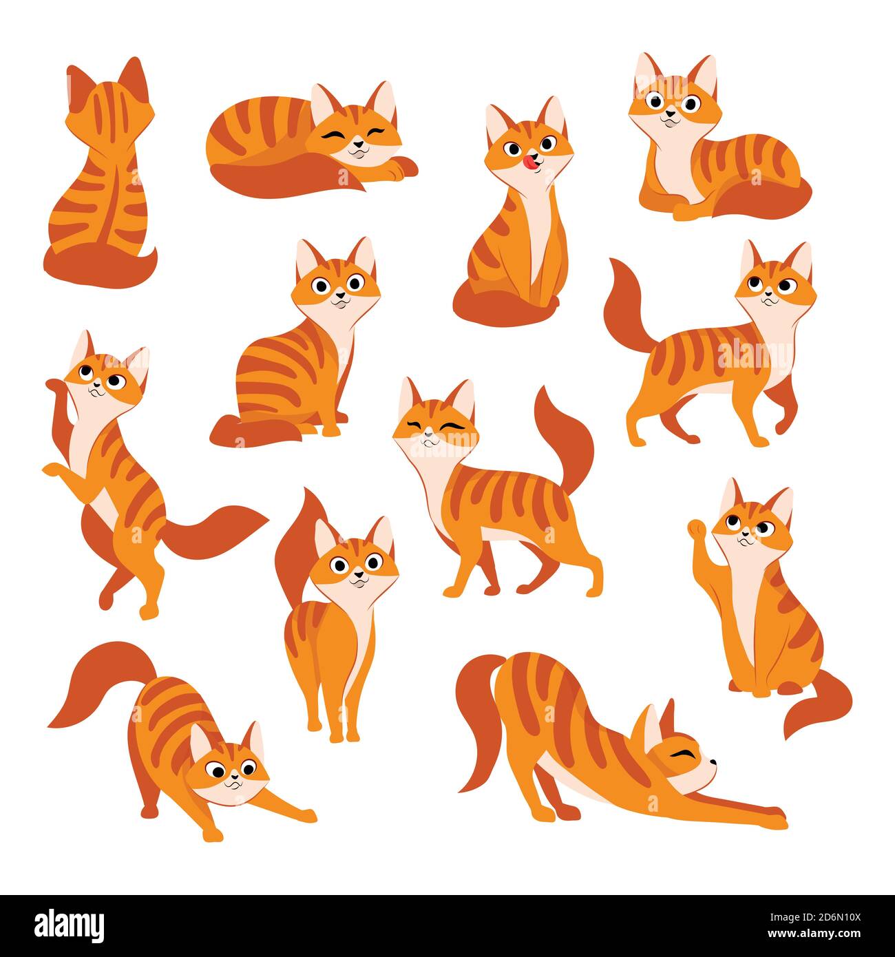 Gatto carino rosso in diverse pose. Illustrazione piatta del cartone animato vettoriale. Divertente gattino giocoso isolato su sfondo bianco. Illustrazione Vettoriale