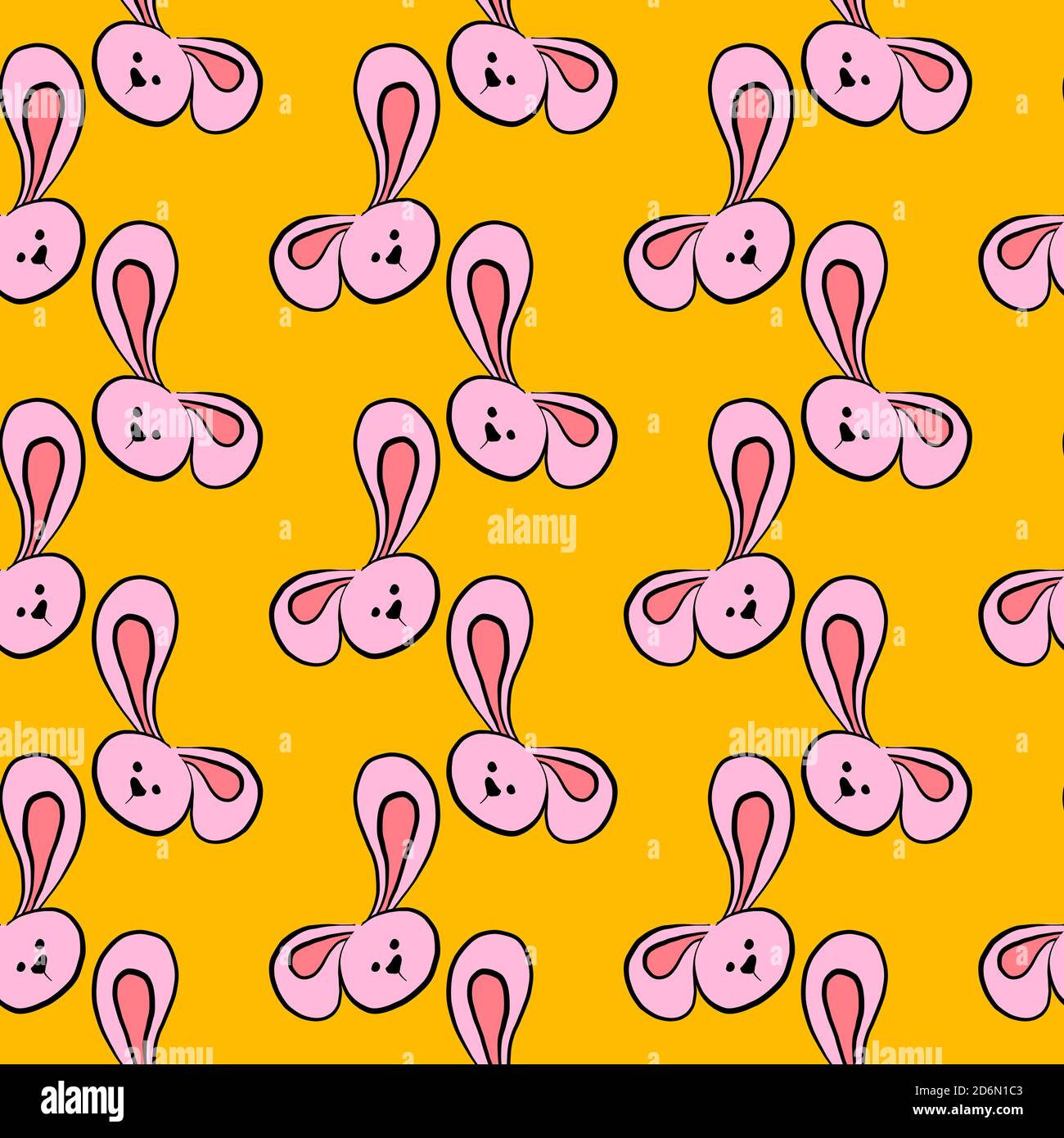 Testa Bunny con orecchie lunghe, motivo senza cuciture su sfondo giallo. Illustrazione Vettoriale