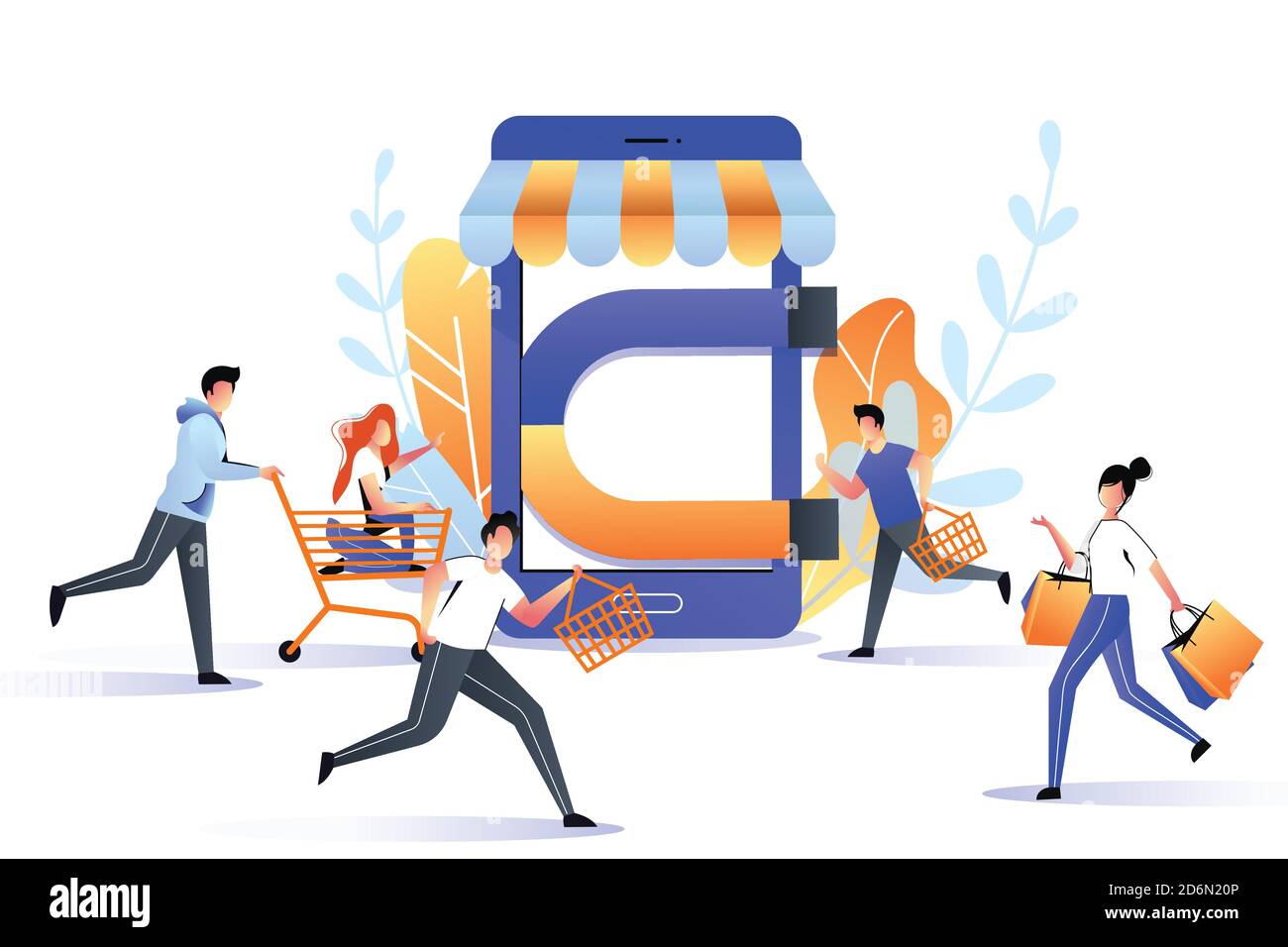 Acquirenti di attrazione per la vendita online store. Big Magnet attrae i clienti, il concetto di strategia commerciale di marketing. Immagine piatta vettoriale trendy. Illustrazione Vettoriale