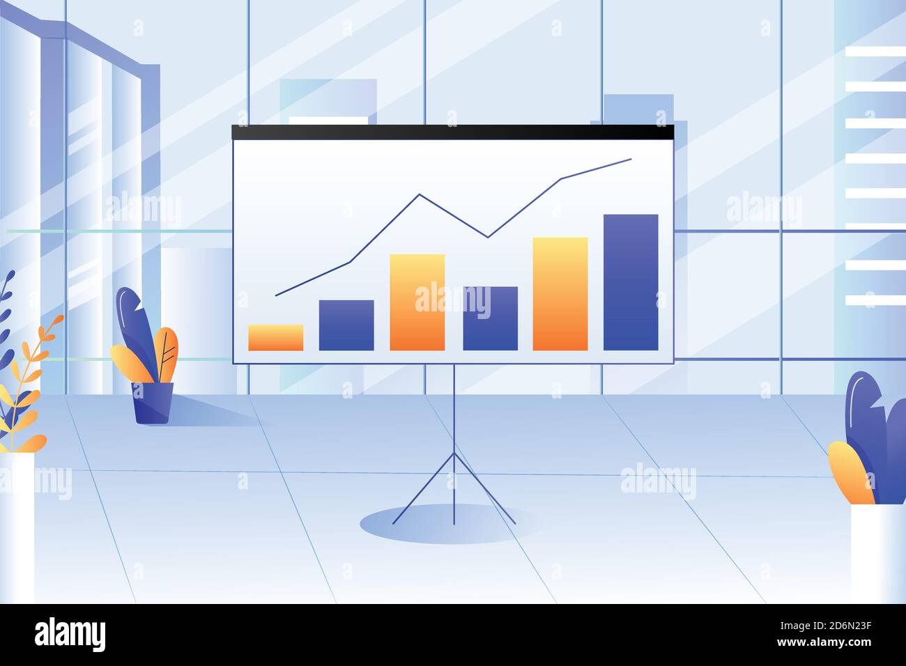 Interni moderni per uffici aziendali. Rapporto di presentazione con diagramma, grafici e grafici sulla lavagna dell'ufficio. Strategia aziendale e concetto di analisi finanziaria Illustrazione Vettoriale