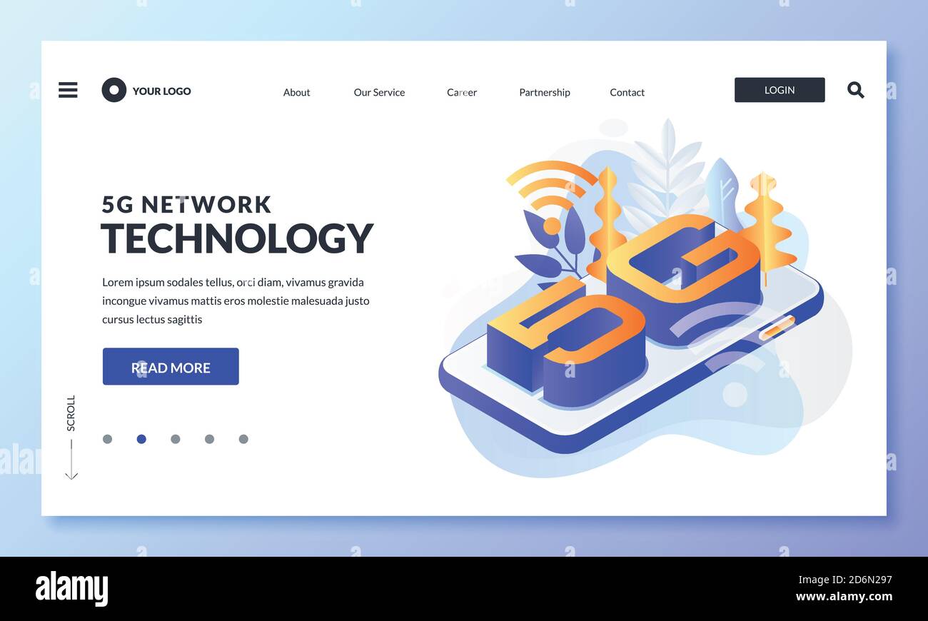 Tecnologia Internet wireless di rete 5G. Pagina di destinazione moderna, layout di progettazione di banner Web. Smartphone con lettere 5g, immagine vettoriale isometrica 3d. Illustrazione Vettoriale