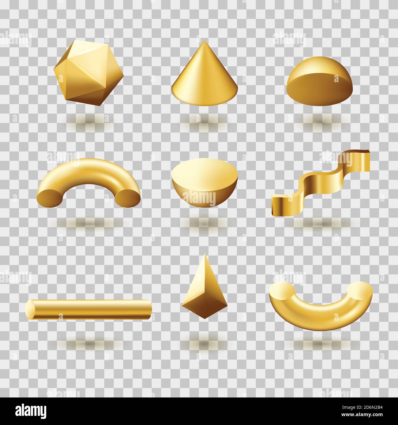 Set astratto di forme geometriche dorate, isolate su sfondo trasparente. Illustrazione vettoriale 3d. Gold gradient elementi di design moderni e alla moda. Illustrazione Vettoriale