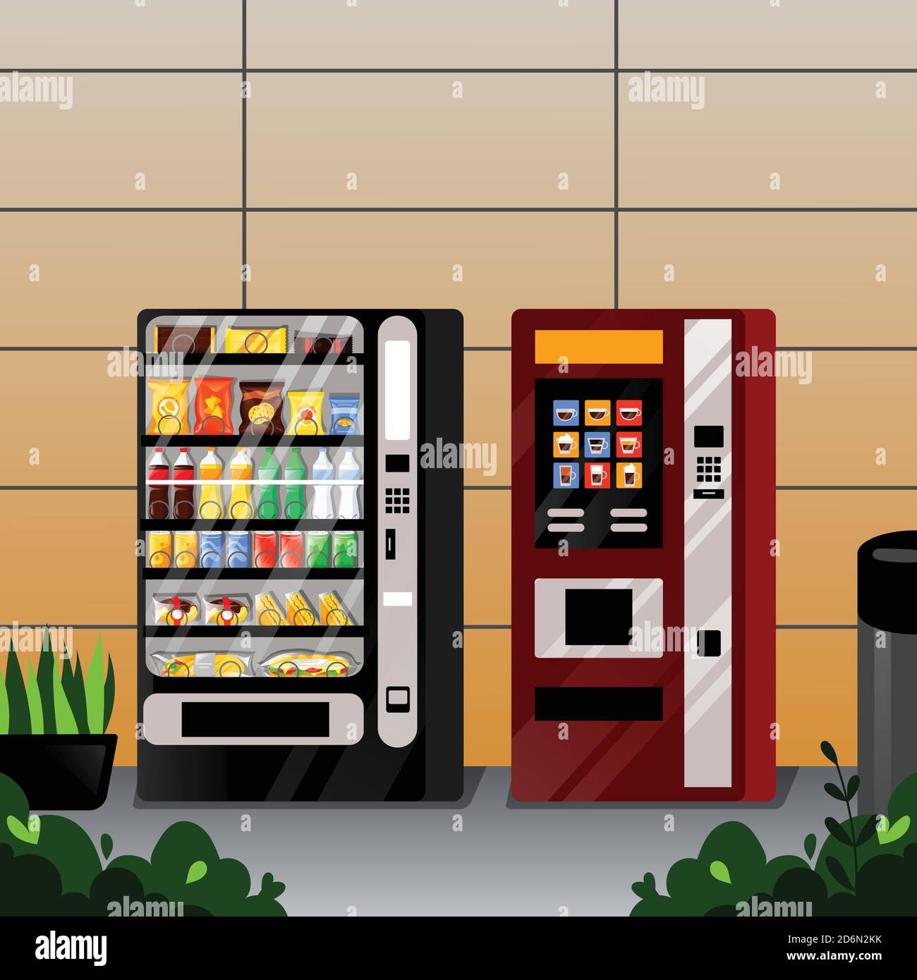 Distributori automatici di snack, acqua e caffè. Illustrazione di un fumetto piatto Vetor. Servizio di vendita di cibo di strada. Illustrazione Vettoriale