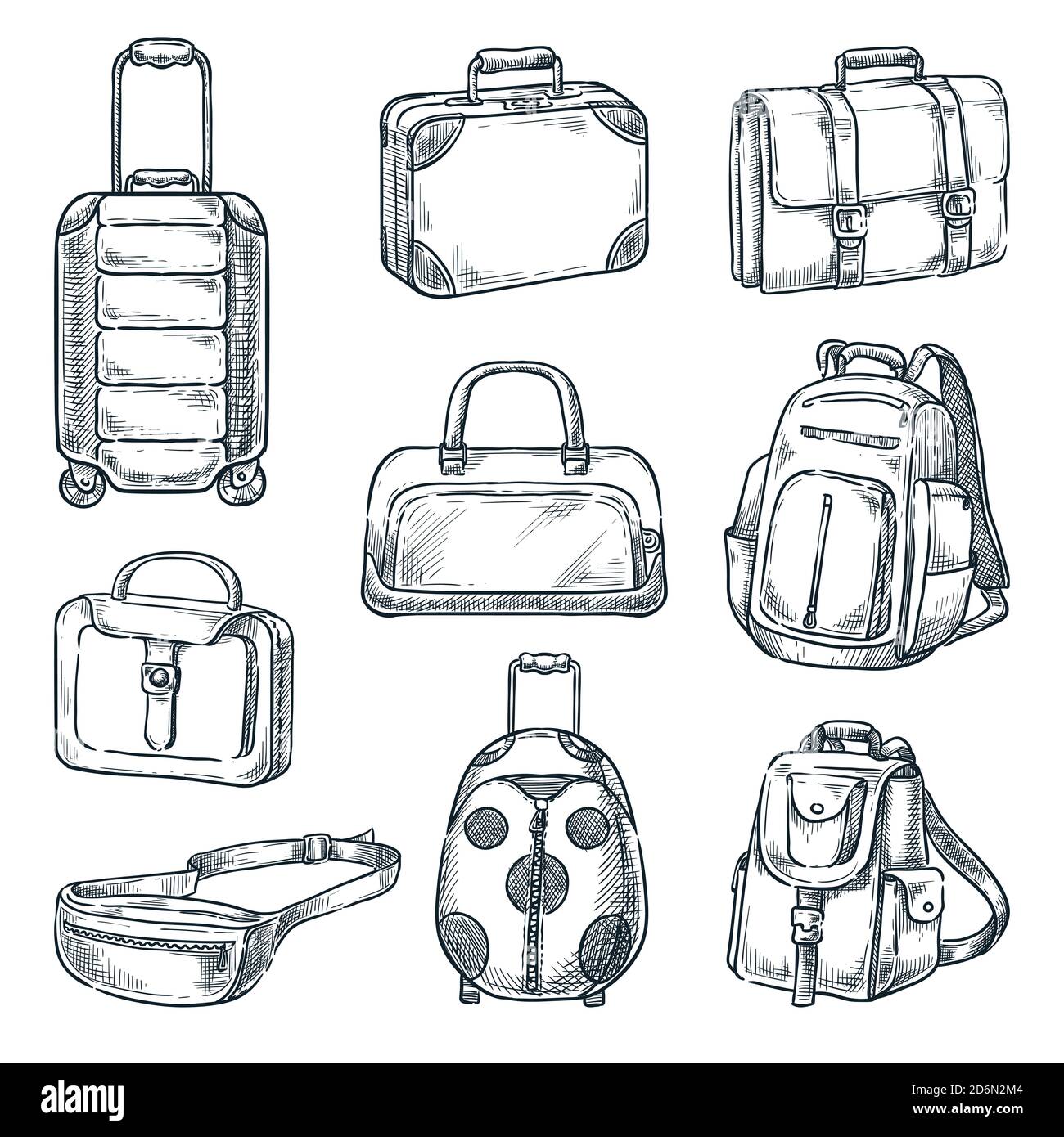 Valigia per bagagli e borse set di icone vintage, isolato su sfondo bianco. Illustrazione dello schizzo vettoriale. Elementi di design dei bagagli da viaggio. Illustrazione Vettoriale