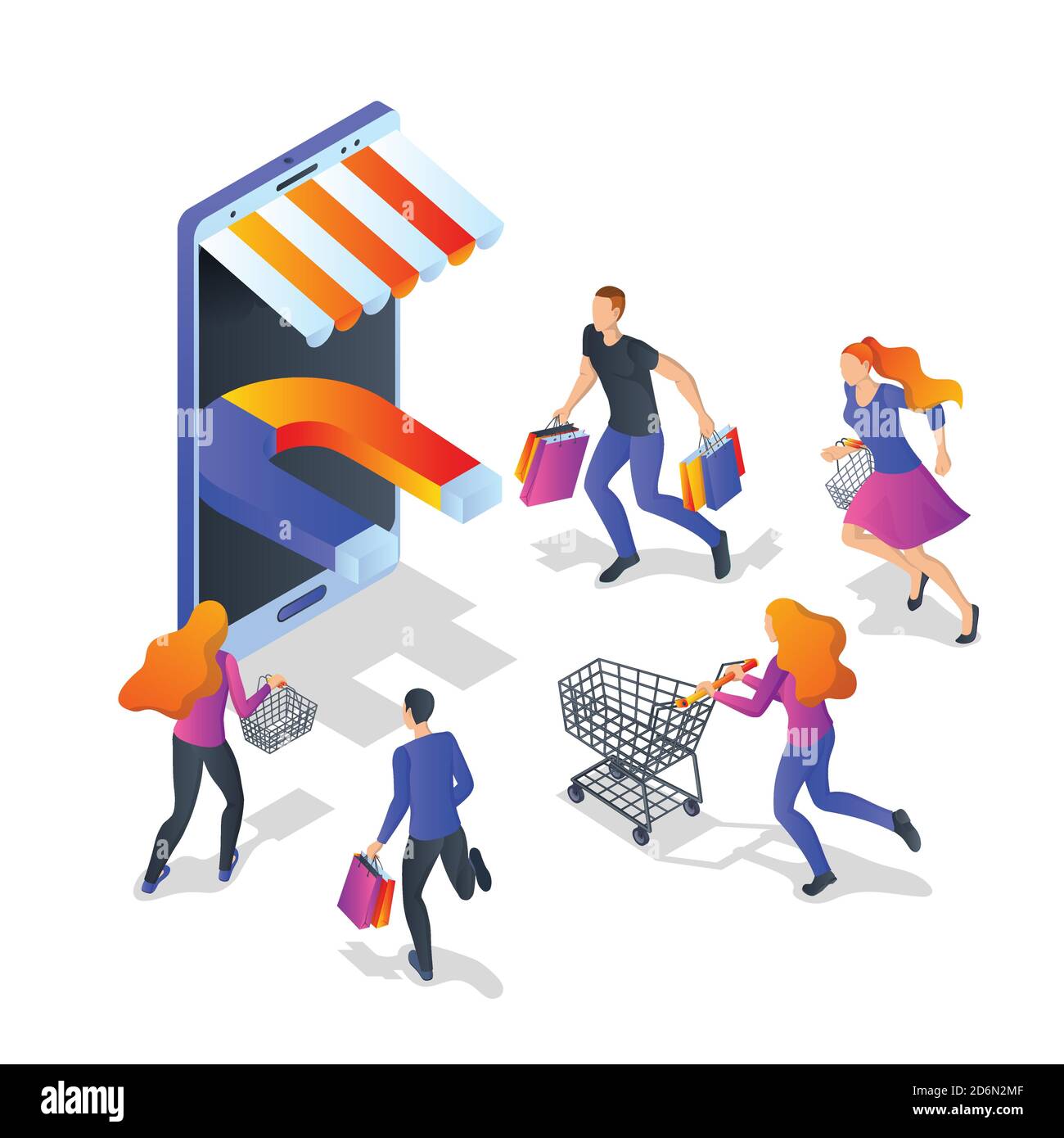 Concetto di business degli acquirenti di attrazioni. Immagine isometrica vettoriale 3d isolata su sfondo bianco. Campagna di marketing per il coinvolgimento dei clienti. Illustrazione Vettoriale