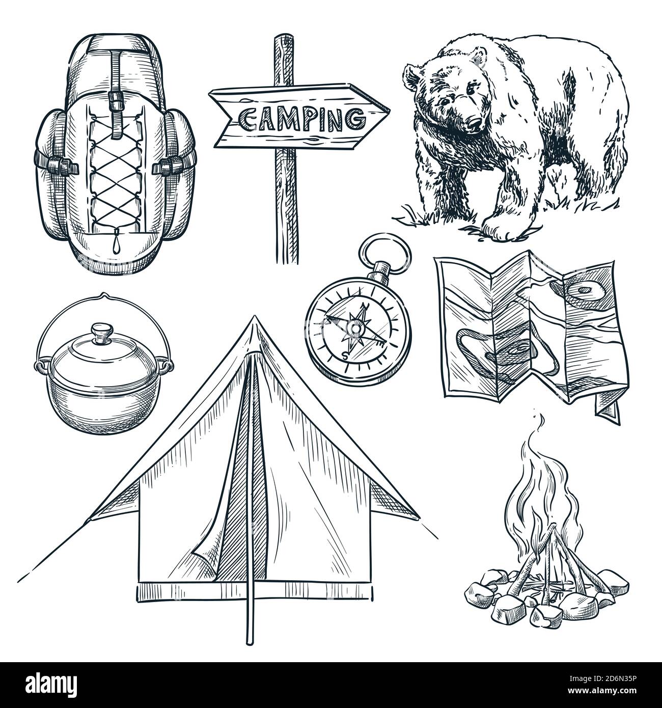 Illustrazione dello schizzo vettoriale campeggio. Elementi di progettazione del campo isolati su sfondo bianco. Illustrazione Vettoriale