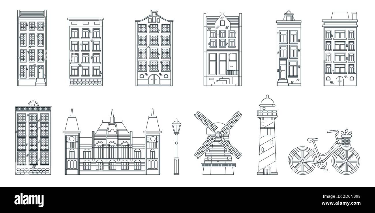 Edifici della città di Amsterdam, mulino, faro e bicicletta, linee bianche nere icone isolate dell'arte. Illustrazione vettoriale. Viaggiare in Olanda elementi di design. Illustrazione Vettoriale