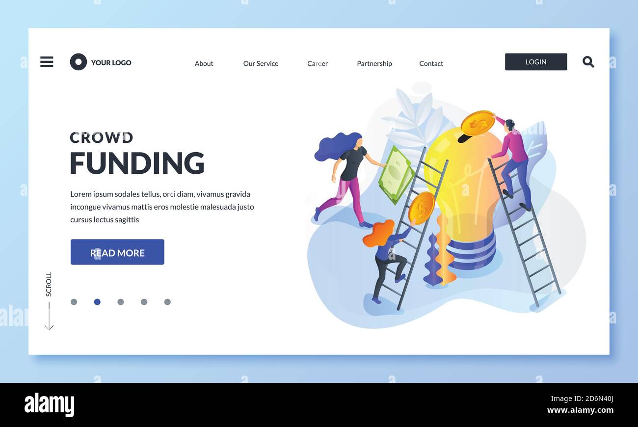 Crowdfunding e investimenti in idea, metafora. Illustrazione isometrica 3d vettoriale. Fondi di massa per il concetto di startup aziendale. Pagina di destinazione, banner o. Illustrazione Vettoriale
