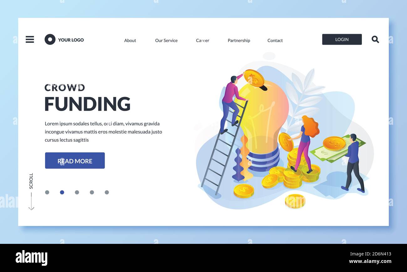 Crowdfunding, investimenti in idea o avvio di business. Illustrazione isometrica 3d vettoriale. Persone che mettono soldi per bulbo piggybank. Crowd funding, chari Illustrazione Vettoriale