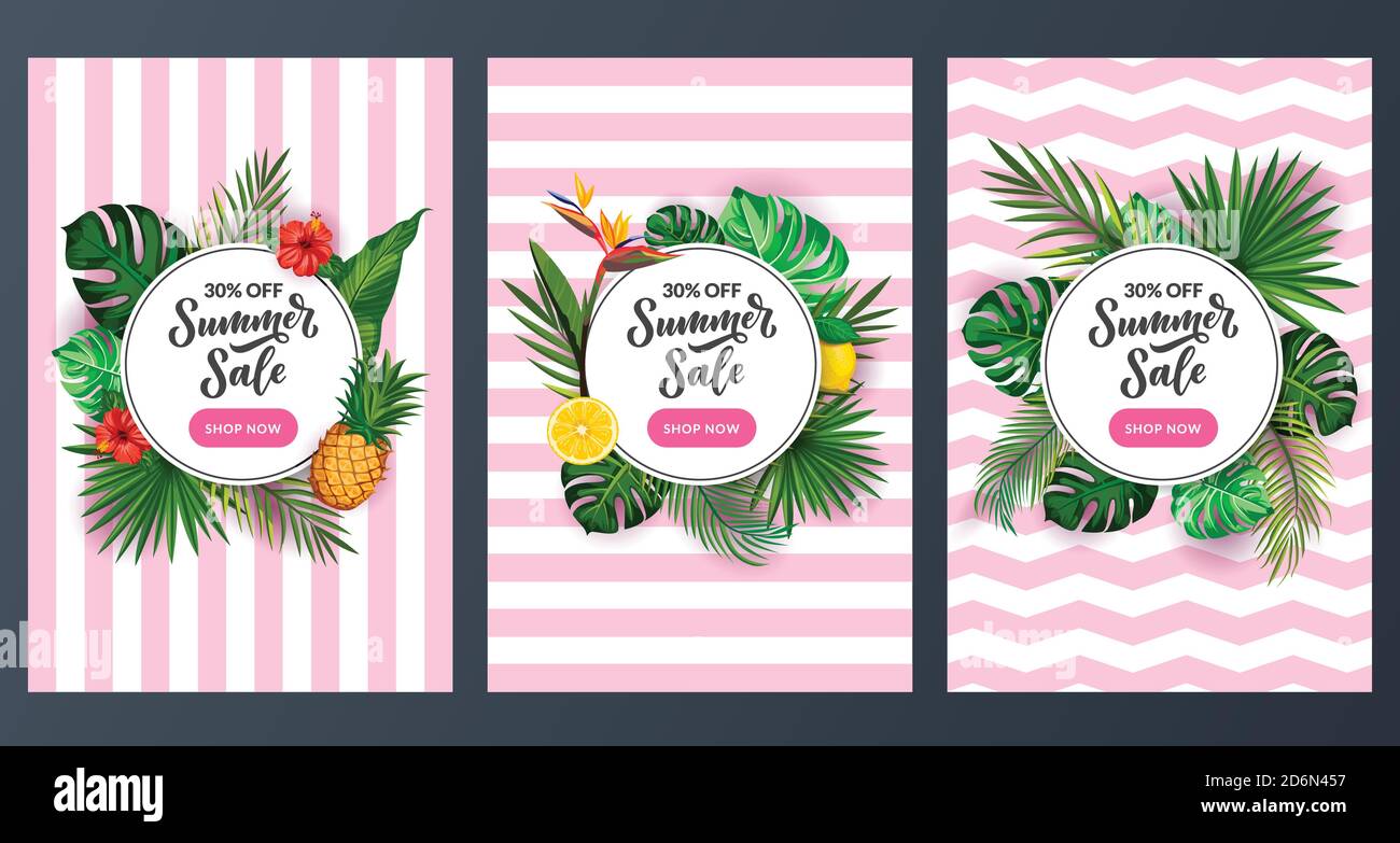 Set di poster verticali con sconto per l'estate. Modello di disegno di bandiera tropicale. Cartoni animati vettoriali di foglie di palma verdi, frutta e fiori sul pin Illustrazione Vettoriale