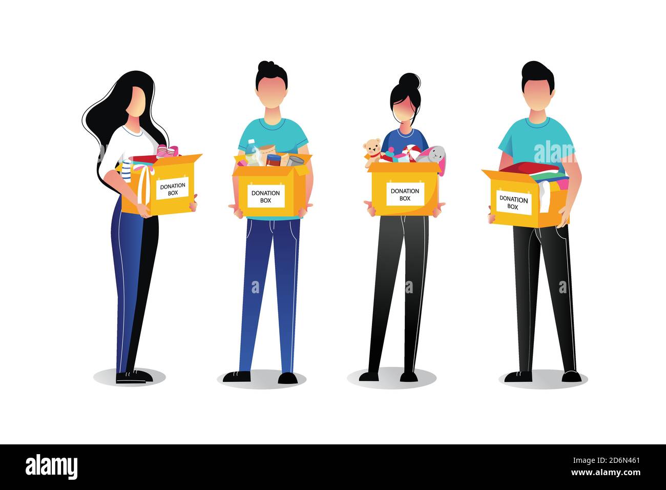 Volontari giovani con scatole di donazione, isolati su sfondo bianco. Illustrazioni vettoriali a fumetti piatti. Cura sociale e concetto di carità. Illustrazione Vettoriale