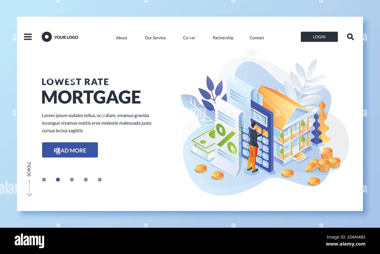 Concetto di prestito di casa o investimento di denaro per il bene immobile. L'uomo calcola il tasso di mutuo per la casa. Illustrazione isometrica 3d vettoriale per la pagina di destinazione Web, ba Illustrazione Vettoriale