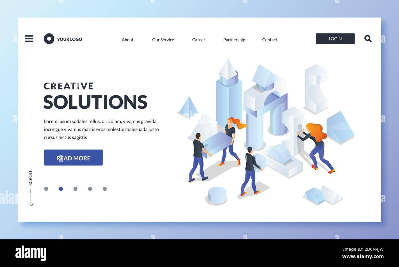 Il team aziendale costruisce una costruzione creativa astratta da forme 3d multicolore. Illustrazione isometrica vettoriale per la progettazione di landing page, banner o poster. Illustrazione Vettoriale
