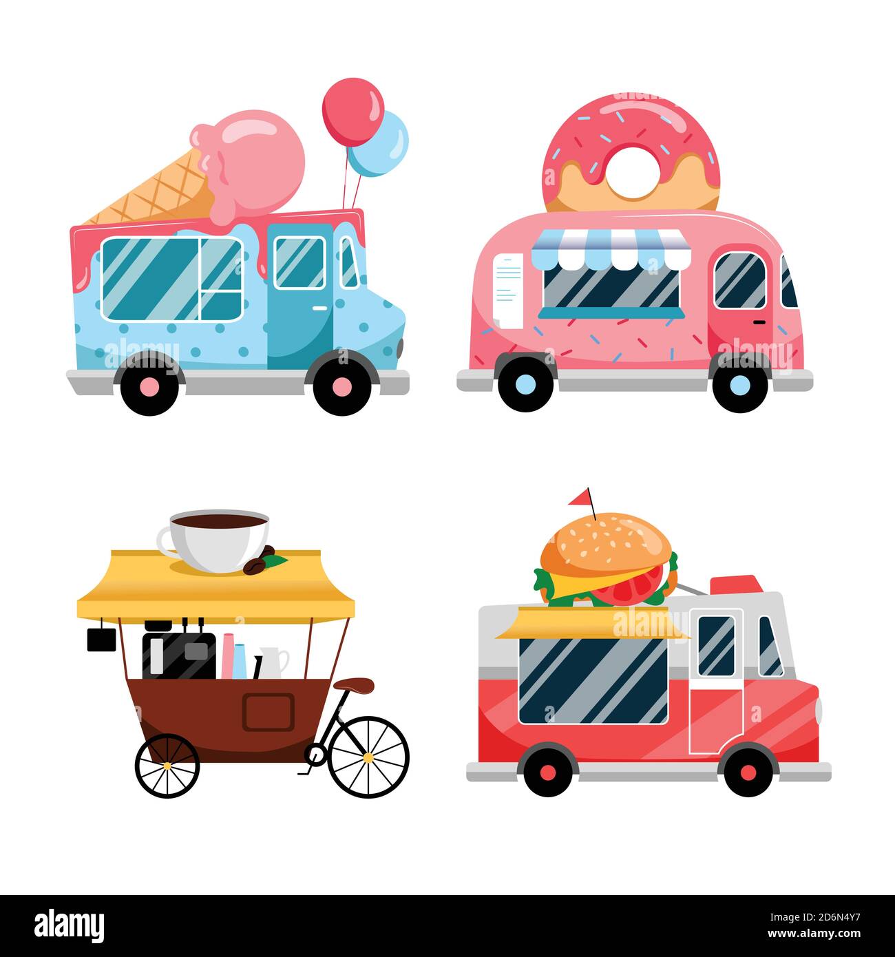 Set di camion per Street food, isolati su sfondo bianco. Immagine colorata piatta vettoriale. Servizio fast food. Street food festival e catering bu Illustrazione Vettoriale