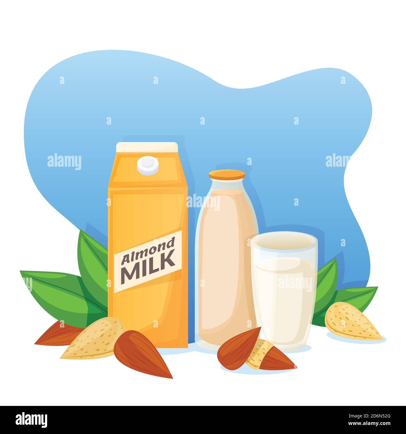 Latte di mandorle in confezione, bottiglia e vetro, cartoni animati vettoriali piatti. Bevanda sana di nutrizione vegana. Etichetta di bevande naturali fresche fatte in casa o. Illustrazione Vettoriale