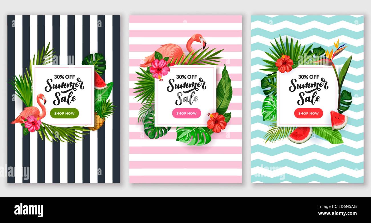 Set di poster per sconti estivi. Modello di disegno di struttura di bandiera tropicale. Foglie di palma verdi, fenicotteri e fiori su sfondo multicolore a strisce. Vect Illustrazione Vettoriale