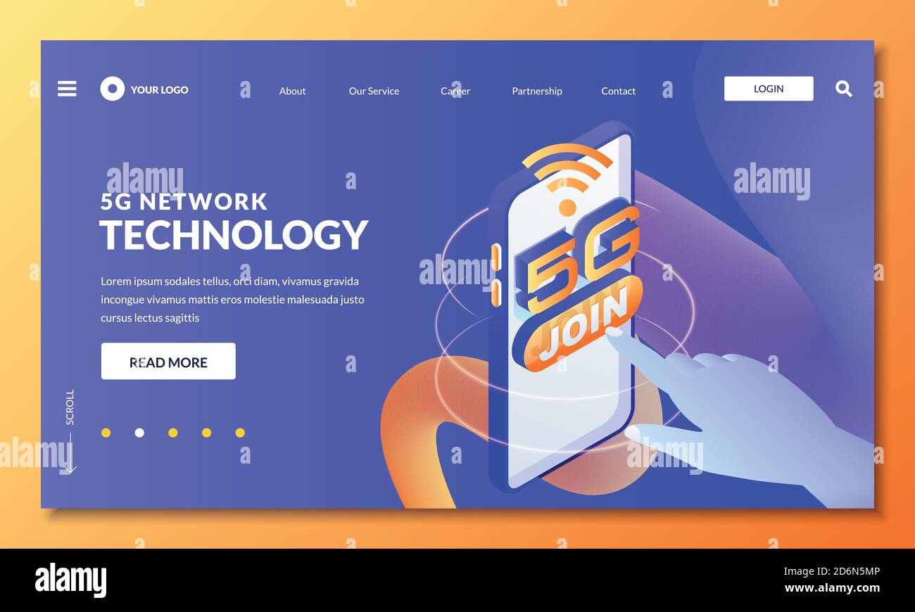 Tecnologia wireless di rete 5G. Pagina di destinazione, layout di progettazione banner Web. Il dito umano preme il pulsante internet join 5g, immagine vettoriale isometrica 3d. Illustrazione Vettoriale